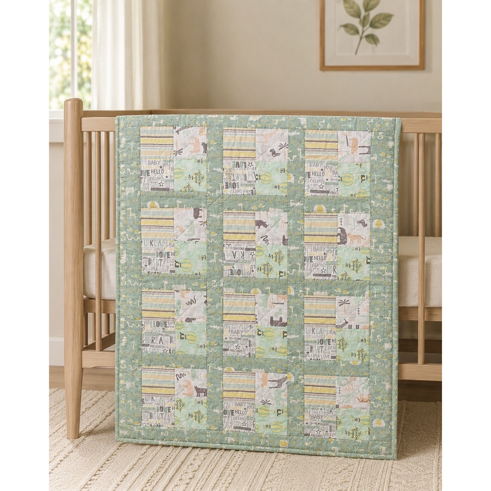 Vintage Baby Quilt 30x40 Safari Jungle Animals Sage Green Nursery Blanket